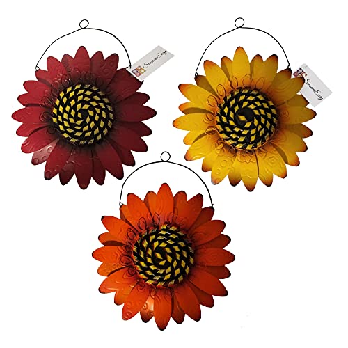 SEASONSEASY Metal Sunflower Wall Decor Set of 3 Flowers with Wire Hangers for Indoor or Outdoor Use, 11.5" x 11.5" Orange, Yellow, Red - Image 4