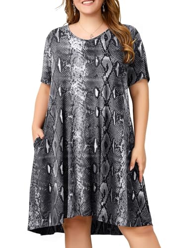 Image of OVERWORETY Womens Short Sleeve Plus Size T-Shirt Dress V Neck Casual Loose Swing A-Line Summer Tunic Dresses with Pockets