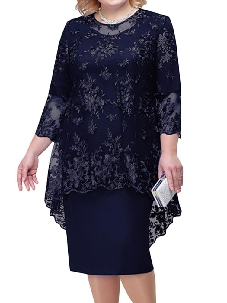 shownicer Vestito Due Pezzi Donna Elegante Ricami Pizzo Vestiti Manica 3/4 Taglie Forti Vestito da Sera Cerimonia Cocktail Abiti al Ginocchio