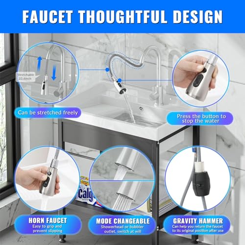 Image of Laundry Room Sink,28 inch x 19 inch x 34.3 inch Ceramic Utility Sink with Washboard Set,Freestanding Sink with Cold and Hot Water Faucet, Hoses and Drain Kit for Laundry Room, Basement, Outdoor and Indoor
