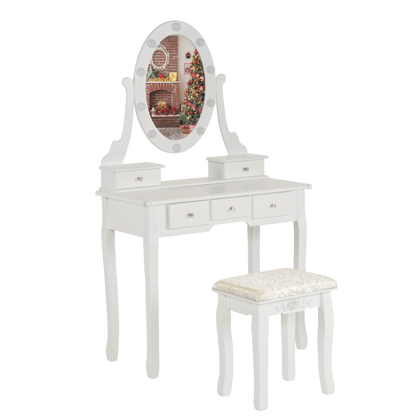 Ynredee Girls Makeup Vanity Set,Dressing Table Desk with Lighted Mirror and Stool,Makeup Table with 5 Drawers for Bedroom,Bathroom