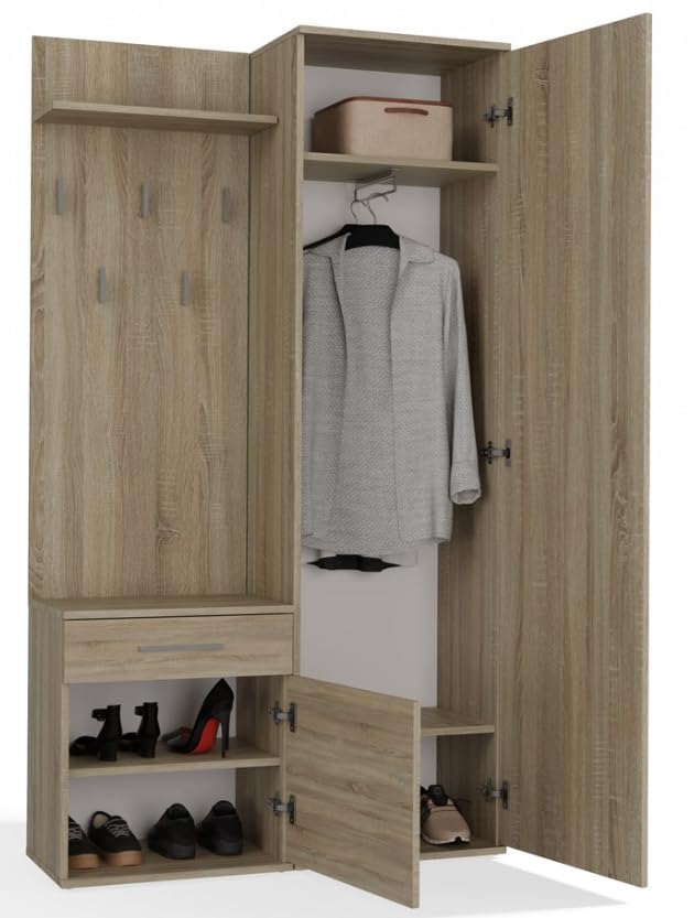 BDW Set di 5 appendiabiti con specchio, armadio con anta e cassetto, stile moderno, 180 x 100 x 35 cm (rovere Sonoma)