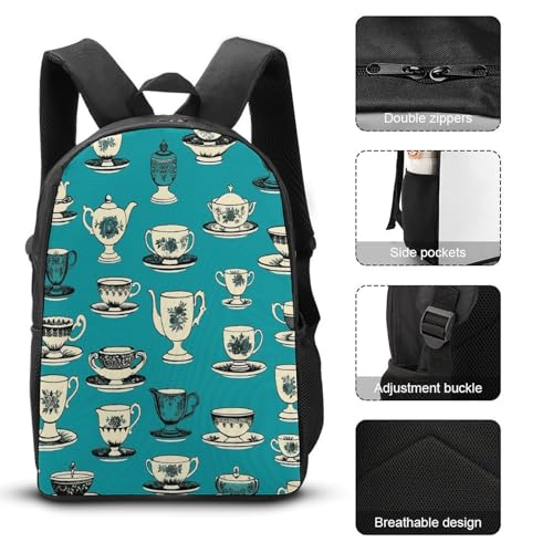 Printed Backpack With Lunch Pack Storage Box Case Retro Tea Cup 3pcs Lightweight Travel Backpack3