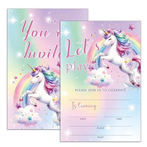 Moonle 20 Sets Magical Unicorn Birthday Invitations Cards Lets Play Colorful Unicorn Invites with Envelopes Rainbow Birthday Party for Girls Boys Baby Shower Party Supplies 4x6 inch