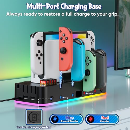 Image of Switch /OLED Wall Mount RGB Charging Dock for Nintendo Switch for Joycon | 4 Controllers Charger Stand, Accessories Organizer with Holder & 15 Light Mode,2 USB Ports,,10 Card Slots