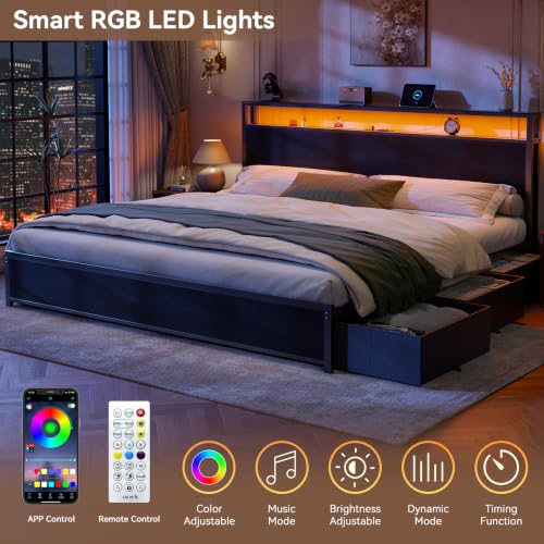 Image of Forestell King Size Bed Frame with 2-Tier Storage Headboard & 6 Drawers | Platform Bed with Heavy Duty Slat Support, Charging Station & LED, USB, Type-C & AC Ports, Noise-Free, No Box Spring, Black