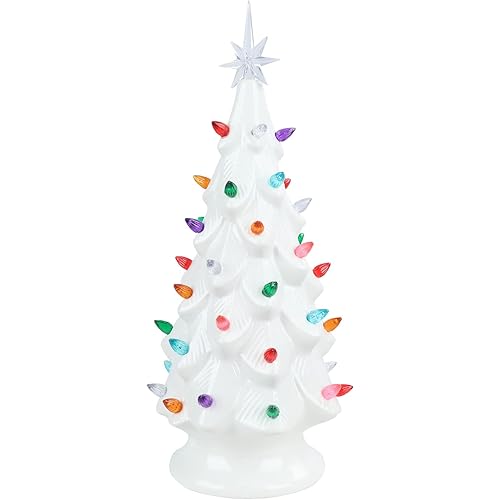 Yinns Ceramic Christmas Tree, 15 inches Vintage Ceramic Tree, Small Porcelain Christmas Tree Multi-Color LED Light Up with Star for Xmas Holiday Decoration