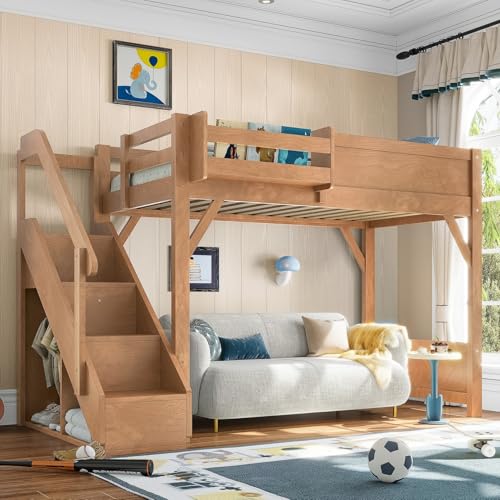 Image of KEIKI Solid Wood Twin Size Loft Bed Frame with Stairs, Built-in Wardrobe and Storage Space, Twin Loft Bed with Shelves, Full-Length Guardrails, No Box Spring Needed for Bedroom, Antique Natural