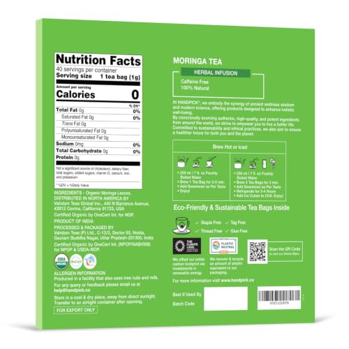 Image of HANDPICK Organic Moringa Tea (40 Tea Bags) Pure Moringa Leaves from India