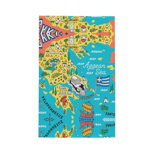 DUWAA Paños de cocina grandes con estampado de mapa de Grecia con el mar Egeo, ultra suaves, de secado rápido, para colgar, 41 x 66 cm