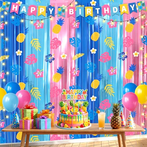 Image of Tiamon 2 Pack Cartoon Hawaiian Party Decorations 3.3 x 6.6 Ft Blue Pink Hawaiian Foil Fringe Curtains Wall Backdrop Tinsel Streamers Photo Booth for Tropical Luau Baby Shower Birthday Party Supplies