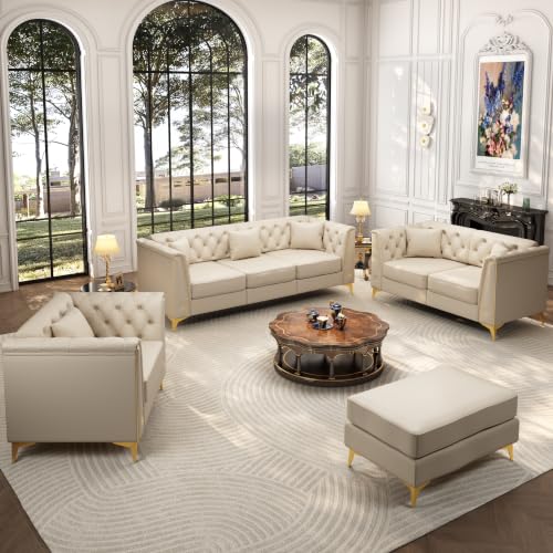 Image of KEIKI 3-Piece Chesterfield Sofa Set with Handmade Button Tufted, Beige