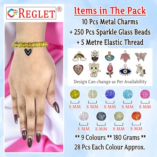 Image of 10 Pcs Charms + 250 Pcs Single Shade Sparkle Glass Beads for Bracelet Making Kit for Women - Beads for Jewellery Making Kit - Bead Set - Crystal Bead Craft - 8mm