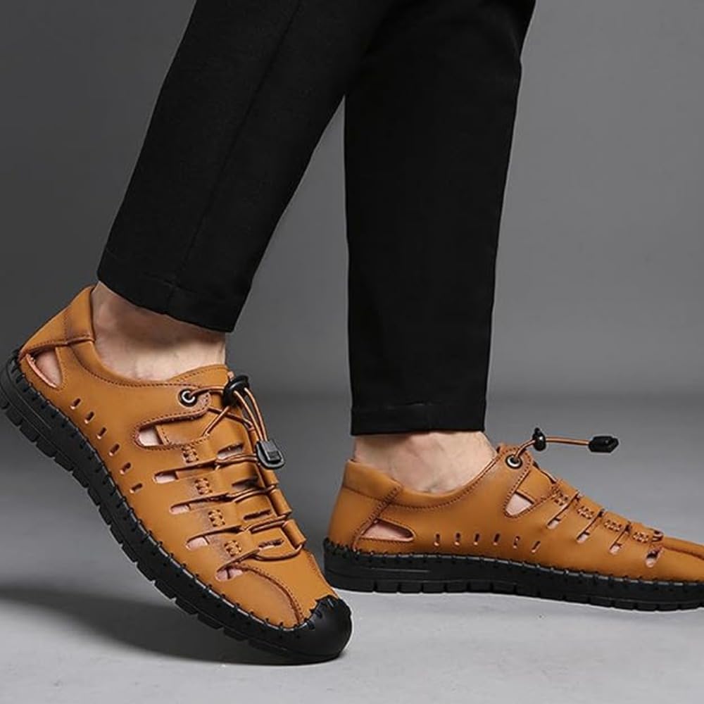 Sandales élégantes à bout fermé pour homme en cuir respirant ajouré style pêcheur été décontracté réglable élastique dentelle antidérapante pour l'extérieur, la randonnée, la plage, la marche