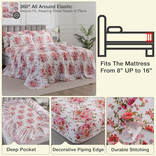 Image of Shabby Floral Chic Bed Sheets Queen Size 100% Cotton 4Pcs Set, Vintage Pink Red Flower Patterned Deep Pocket Fitted Sheet Set, Soft Percale White Boho Bedsheets, Cute Garden Bedding