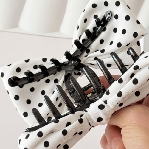 Image of Young & Forever Polka Dot Bow Hair Claw Clip for Women & Girls - Large Korean Style Fabric Bow Hair Clips for Thick Hair, Elegant French Design Hair Accessories for Party, Casual & Office Wear - White & Black
