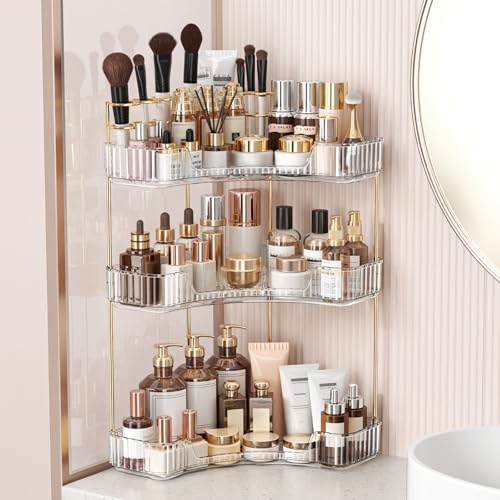 BEFSOP Corner Bathroom Counter Organizer Upgraded 3-Tier Makeup Organizer Countertop with Makeup Brush Holder Skincare Exquisite Vanity Organizers Countertop Bathroom Storage Dresser(CLEAR)