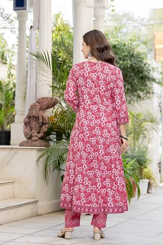 Image of Aradhika Women's Pure Cotton Printed Anarkali Kurta with Pants and Dupatta | 3 Pieces Ethnic Wear for Women | Casual, Festive & Dailywear | Soft & Breathable Kurta Suit Set.