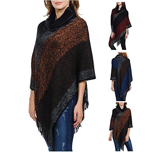 Women's Cowl Neck Knitted Tassel Pullover Sweater Poncho Shawl2