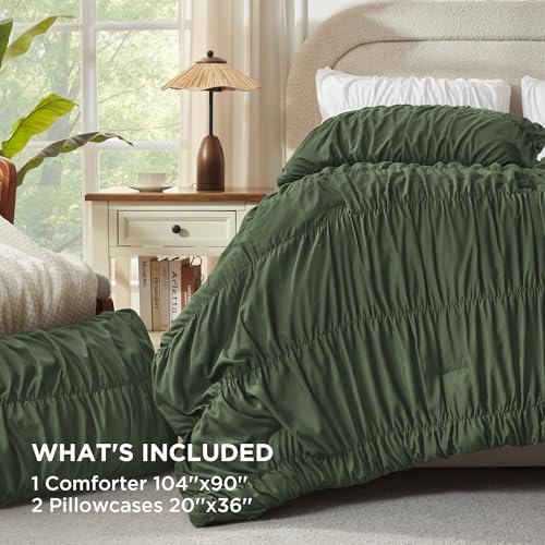 Image of Andency Olive Ruched Comforter Set King Size, Shabby Chic Pleated Bedding Sets 3 Pieces, Lightweight Soft Boho Ruffle Bed Set for Girls, Kids, Women, All Season