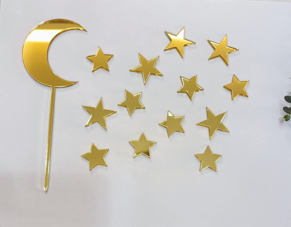 Acrylic Moon Star Cake Toppers,Welcome To The World Twink Star Cake Decorations Babyshower Cake Toppers (Gold Mirror -1)