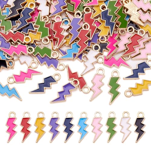 Craftdady 100 colgantes de esmalte con perno de rayo de 10 colores, chapado en oro claro, aleación de trueno, destello celestial, 20,5 x 7,5 mm, para joyas llavero, agujero: 2 mm