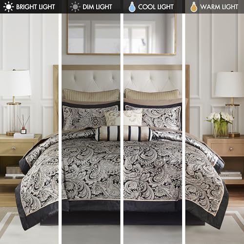 Image of Madison Park Aubrey Cozy Comforter Set, Faux Silk Jacquard Paisley Design - All Season Down Alternative Bedding with Cotton Bed Sheets, Bed Skirt & Toss Pillows, California King Black 12 Piece