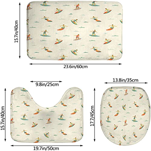 Badezimmerteppich-Set, 3-teilig, Surfbrett, Surfer, Meereswelle, Vintage, waschbare Badeteppiche, rutschfest, mit Rückenpolster, Konturteppich und Toilettendeckelbezug – Bild 3