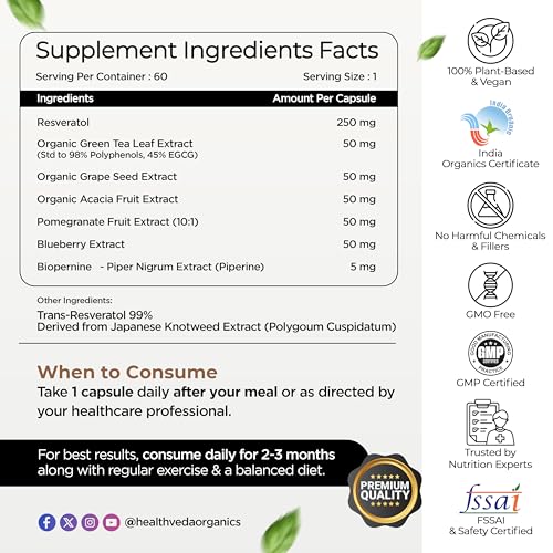 Image of Health Veda Organics Resveratrol 250mg with Grape Seed, Green Tea, Pomegranate & Blueberry Extracts | BioPerine for Enhanced Absorption | Antioxidant Support for Men & Women (60 Capsules)
