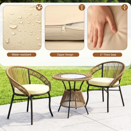 Image of DEVOKO Bliss 3 Piece Outdoor Patio Rope Conversation Set with Glass Top Table (Beige /Cream), Powder-Coated Metal Frame & Water-Resistant Cushions for Balcony, Garden, Terrace