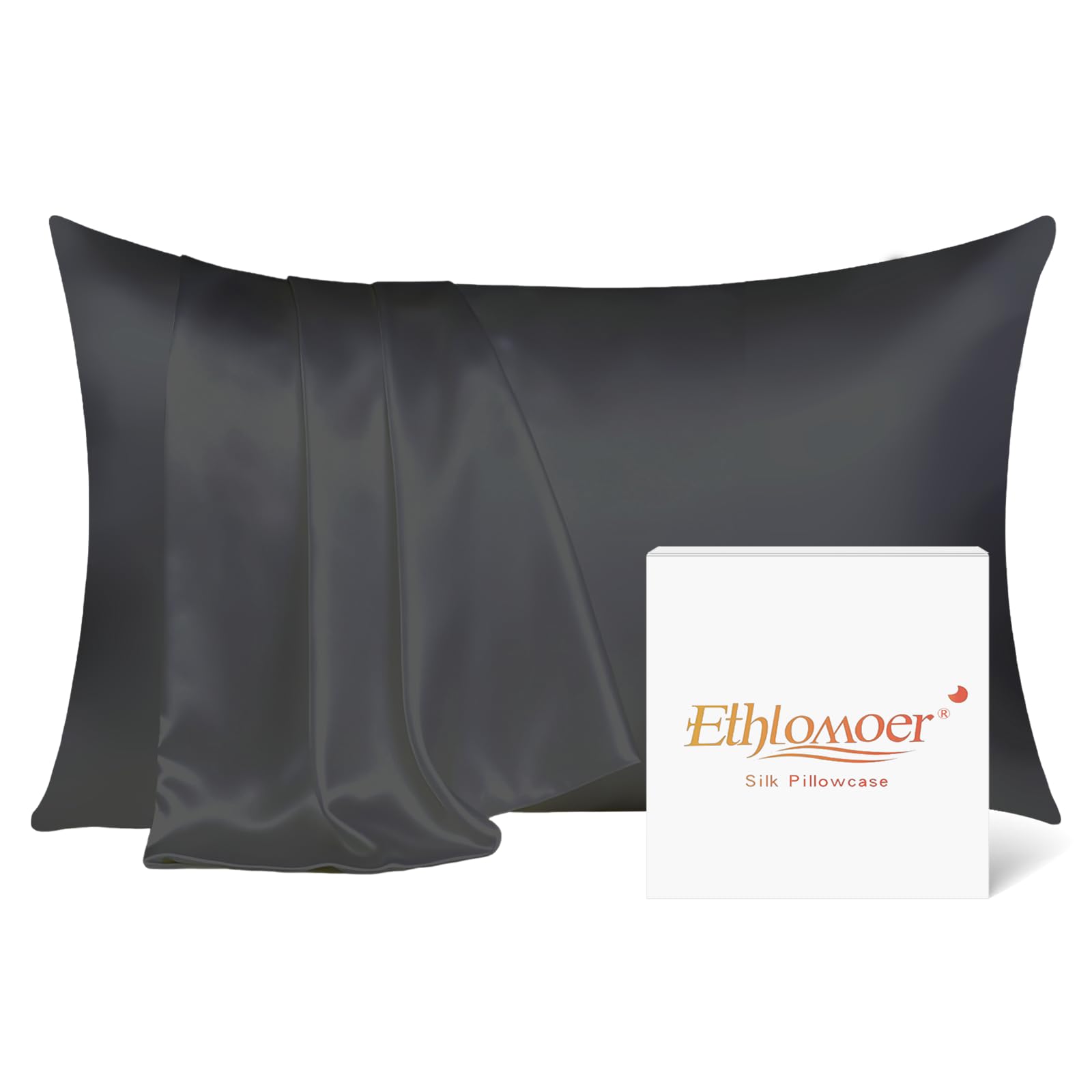 Ethlomoer Natural Pure Silk Pillowcase for Hair and Skin, Both Side 19mm, Hypoallergenic, 600 Thread Count, Smooth Silk Pillow case with Hidden Zipper, Gifts for Women Men, 50x75 cm (51Grey)