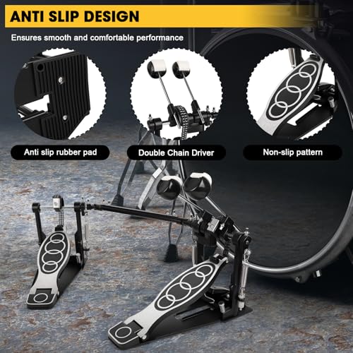 Double Bass Pedal, Double Chain Double Bass Drum Pedals, Double Kick Drum Pedal with Patch Suit for Kick Drum (2025) - Thumbnail 2