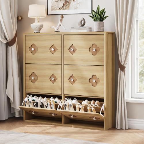 Image of GarveeHome Shoe Storage Cabinet with 6 Flip Drawers & Adjustable Shelves | Floral Pattern, Shoe Cabinet for Entryway, Hallway, Living Room, Narrow Wooden Shoe Cabinet, Natural