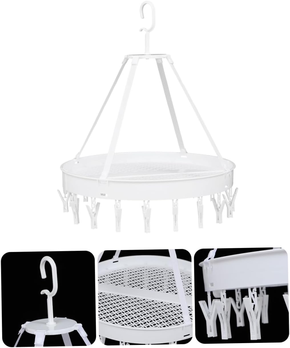 VICASKY Foldable Underwear Drying Rack with 18 Clips, Socks and Towels Hanging Hook, White Single-Layer Laundry Organizer for Balcony and Indoor Use