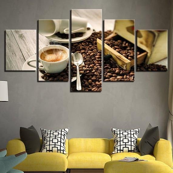 Genérico 5 Impresiones en Lienzo Granos de taza de café Lienzo de pared de arte moderno enmarcado Pintura Dormitorio Salón Cocina