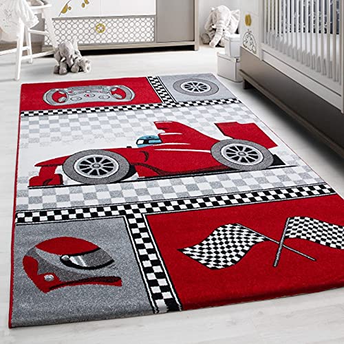 Tapis enfant motif voiture de course rouge et noir grand modèle
