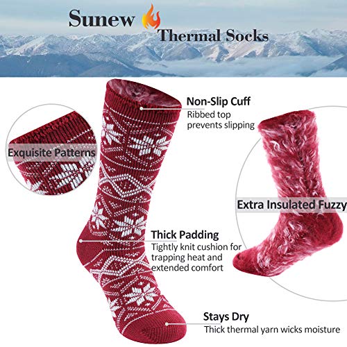 Sunew Warm Hunting Socks, Heavy Weight Thermal Socks, Winter Fur Lined Thick Insulated Heated Boot Socks For Cold Weather, Suitable For Outdoor And Home, 2 Pair Red Snowflake #TOP5
