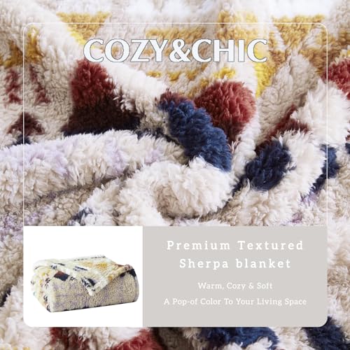 CASAAGUSTO Boho Sherpa Throw Blanket, Aztec King Size Blanket, Ultra Soft, Warm, Cozy, Plush, Thick Fleece Bohemian Throw Blanket for Couch, Bed, Sofa (Khaki 108 * 90 Inch)