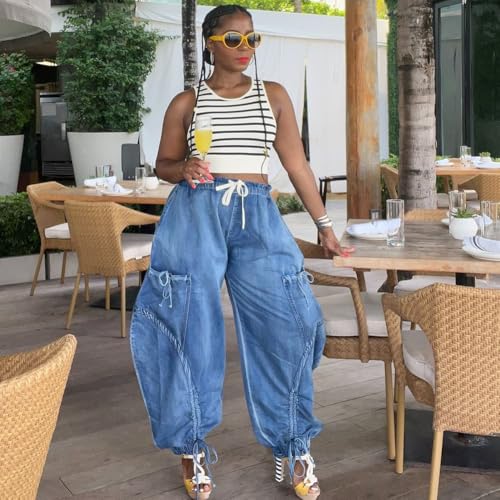 Women's Drawstring Denim Jeans,Sweatpant Jeans,Wide Leg with Pockets Denim Joggers, Blue3