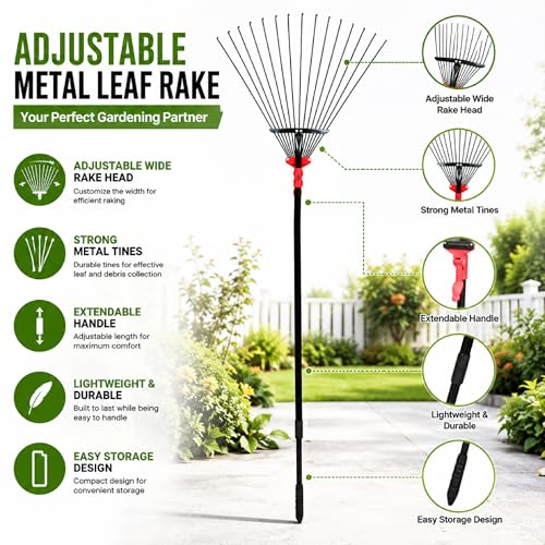 Image of DAP Telescopic Metal Rake, 31 to 64 Inch Adjustable Expanding Handle Rake for Quick Clean Up of Lawn and Yard, Garden Leaf Rake and Roof | Garden Broom with Long Handle for Leaves
