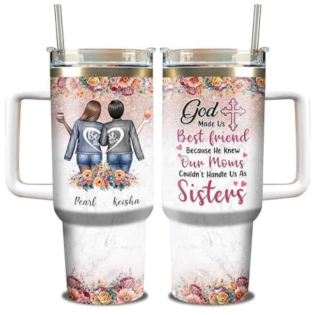 WAZONE Personalized Friendship Tumbler 40oz with Handle and Straw Travel Coffee Mug Best Friends Custom Names Birthday Christmas Thanksgiving Gifts for Soul Friend Besties Girls BFF