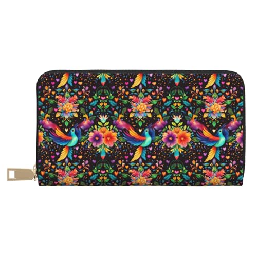 Leather Thin Slim Wallets for Women & Men - Colorful Bird Flower Print Card Wallet Holder with Zipper