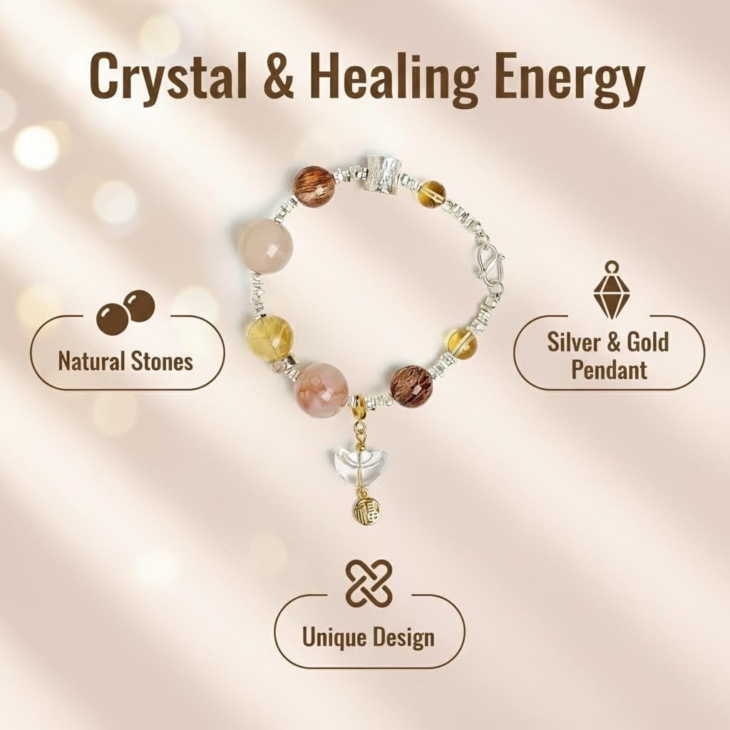 ANNIE WU Natural Multi-Stone Beaded Bracelet with Gold Fu & Silver Ingot Pendant, Rose Quartz & Citrine Healing Crystal Bracelet for Women, Elegant Luck & Prosperity Jewelry, Gift Box Included