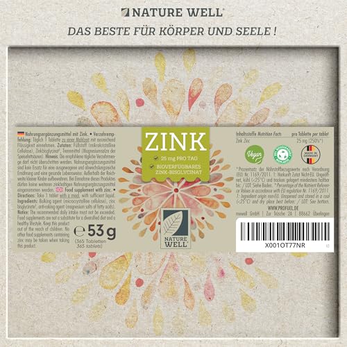 Zink 25mg - 365 Tabletten (vegan) mit Zinkbisglycinat (Zink-Chelat) für höchste Bioverfügbarkeit - laborgeprüft, hochdosiert - 1 Jahresvorrat - NatureWell