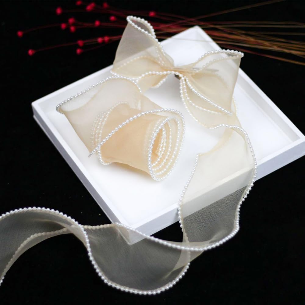 CABODYALS 4.57M 40mm Brown Wired Sheer Ribbon Faux Pearl Edged Organza Trim Smooth Fishtail Yarn Mesh Chiffon Lace Ribbons with Spool for Sewing Making Craft Flower Bouquet Invitions DIY Cake Decor - Image 4