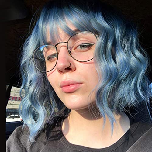 Stamped Glorious Short Curly Wavy Bob Wigs for Women Ombre Blue Color Wig with Bangs Shoulder Length Synthetic Heat Resistant Fiber Wigs (Ombre Blue)