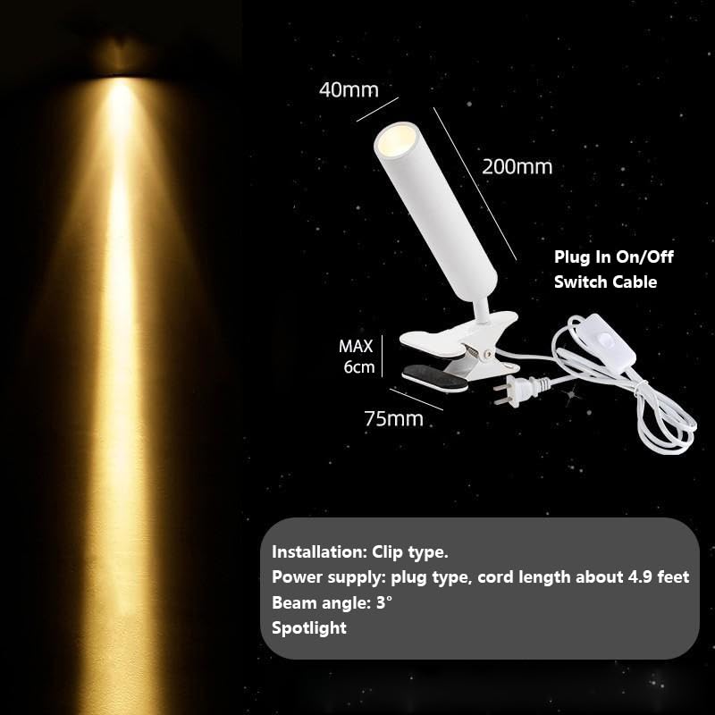 Yequandec White Metal 3W 3000K Warm Light Spot Light Clip Mount Adjusted Angle Clamp Accent Lighting 5.2 Feet Plug Cord for Stage Background Rental House