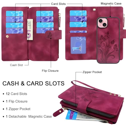 Lacass Case for iPhone 15/14/13 6.1", Floral Wine Red - image 2
