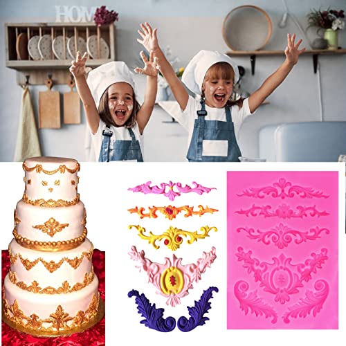 Rainmae 6 Pcs Baroque Style Curlicues Scroll Lace Fondant Silicone Mold, Relief Flower Lace Mould Filigree Mold 3D Sculpted Decoration, Cupcake Topper, Jewelry, Polymer Clay, Crafting Projects #TOP3