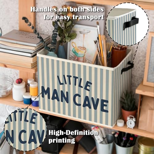 Image of Little Man Cave Boys Storage Bins Box with Handles, Olive Blue Stripe Boho Collapsible Basket Organizer for Kids Boys Playroom Nursery Room Bedroom Bathroom Books Clothes